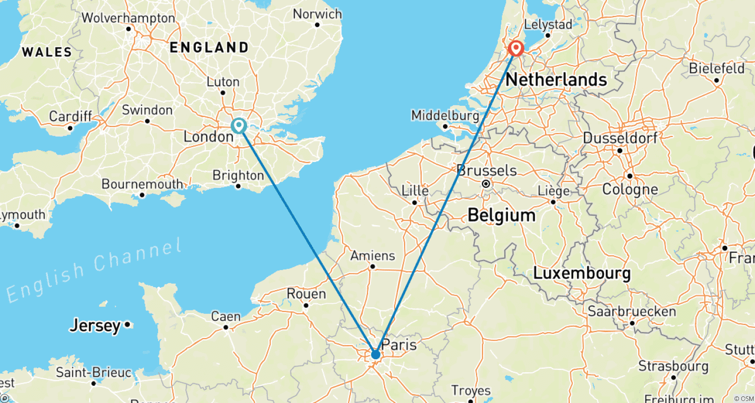 خريطة مسار Europe : Three Capital Tour - London, Paris & Amsterdam