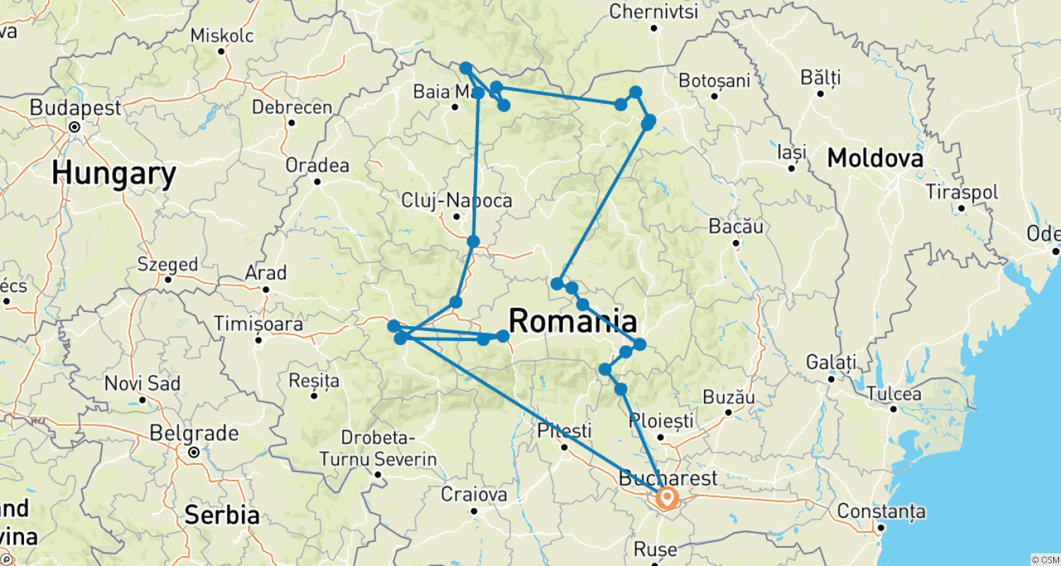 Mapa trasy: Prywatna wycieczka po Rumunii UNESCO 7 dni