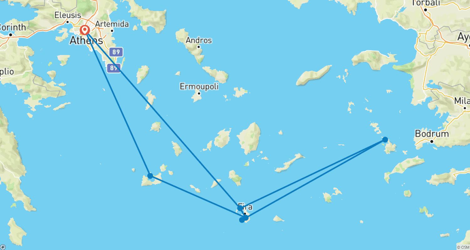 Mapa do percurso de Atenas - Milos - Santorini (Trilhas de Vênus)