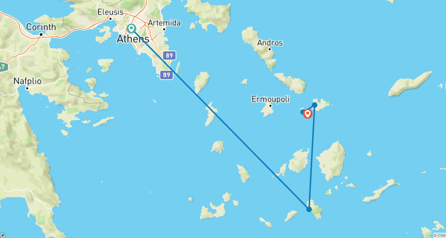 Mapa trasy: Ateny - Ios - Mykonos (Relaks i impreza)