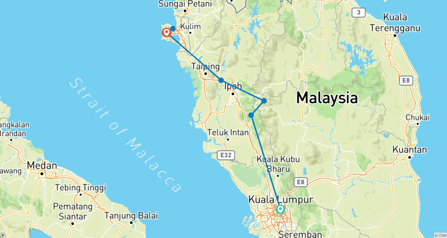 Mapa do percurso de Tour clássico de Kuala Lumpur a Penang