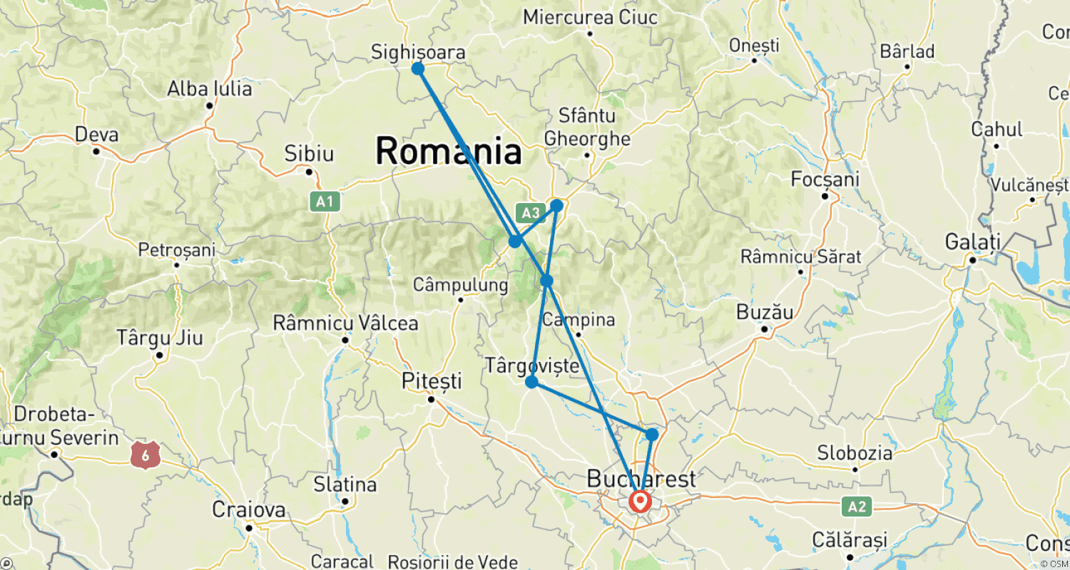 Mapa do percurso de Tour Privado de 5 Dias Temático de WEDNESDAY e DRACULA na Romênia com Recolha no Aeroporto