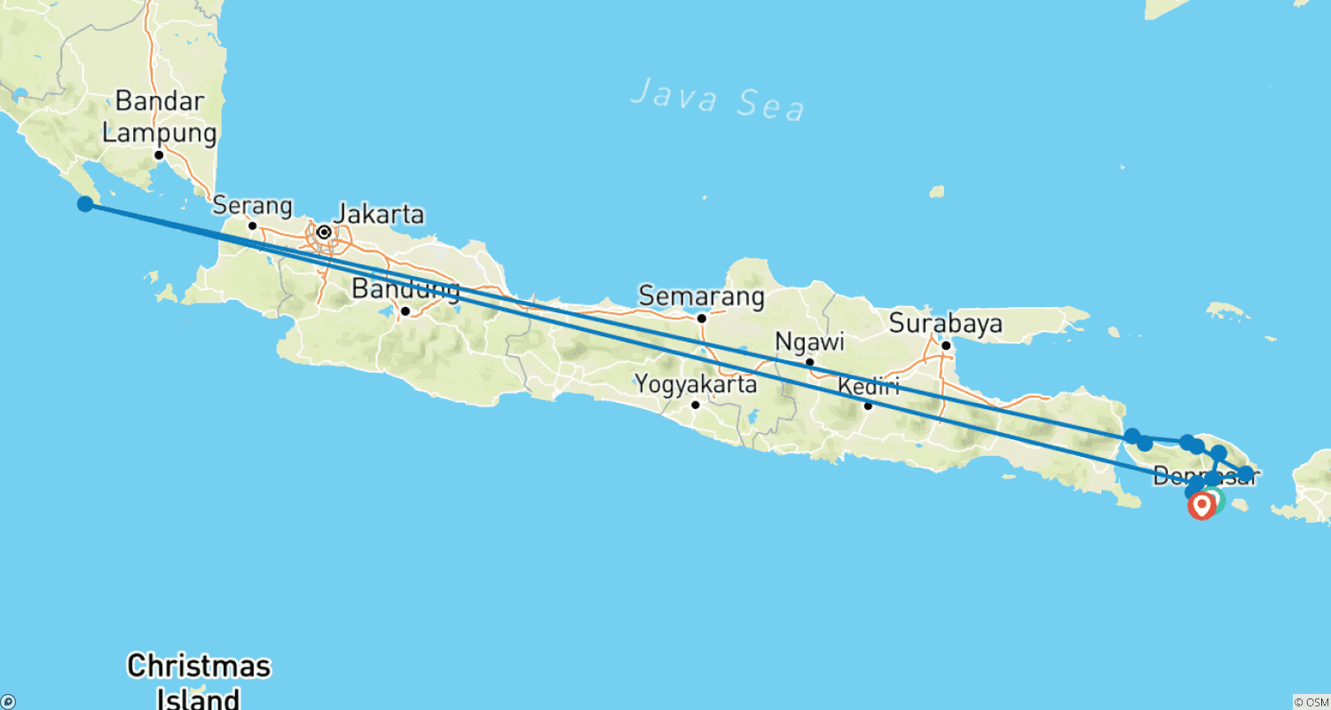 Mapa do percurso de 7 Dias no Paraíso de Bali