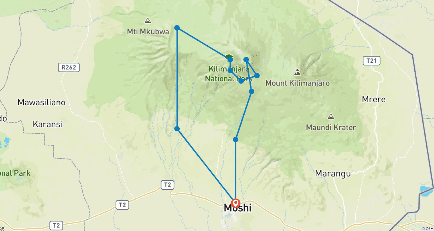 Mapa trasy: Wspinaczka na Kilimandżaro - Szlak Machame - 7 Dni
