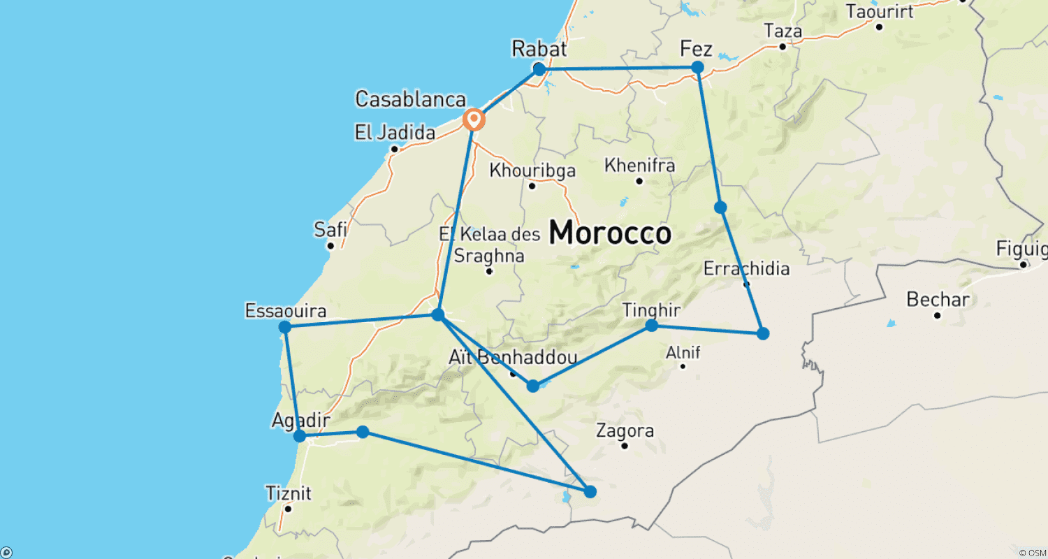 Mapa do percurso de O Melhor de Marrocos (Hotéis 4 Estrelas)