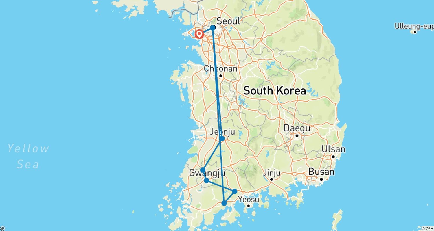 Mapa do percurso de 6 Days of Culinary Culture & Korean Heritage - Private Tour (Seoul/Jeonju/Gwangju/Suncheon)