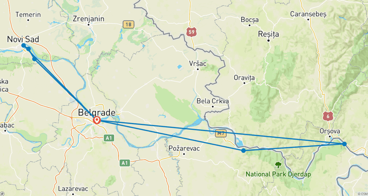 Mapa do percurso de Destaques da Sérvia – 5 Dias
