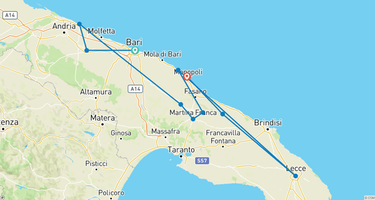 Mapa trasy: Najlepsze z Apulii, Prywatna wycieczka z Bari