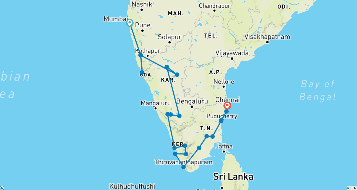Mapa trasy: Mumbaj - Goa - Karnataka - Kerala - Tamil Nadu: Podróż Pociągiem [25 Dni]
