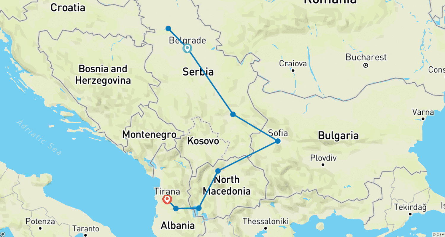 Mapa do percurso de Balkan Express: Sérvia, Bulgária, Macedônia do Norte e Albânia – 7 Dias