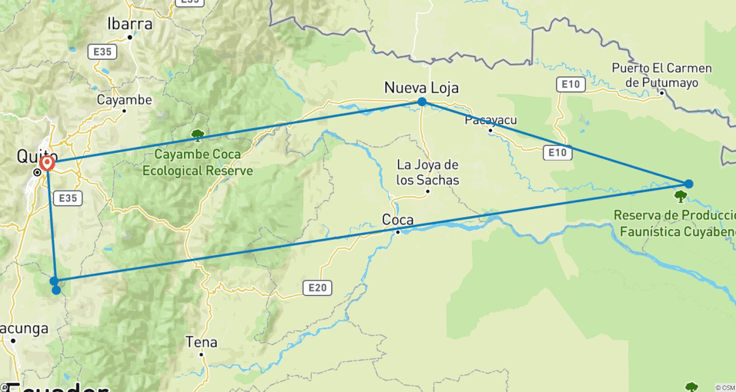 Mapa do percurso de 8 Dias Cuyabeno e Metade do Mundo