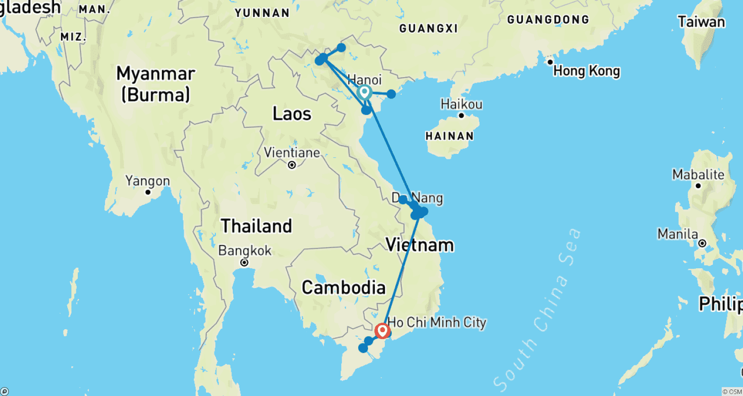 Mapa do percurso de 16 Days Vietnam Essential Tour
