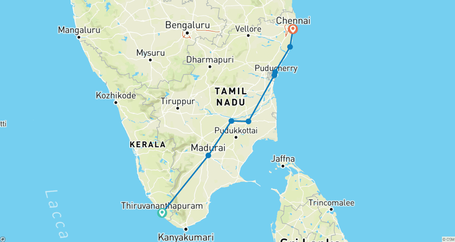 Mapa do percurso de Tamil Nadu Tour By Train [9 Days]