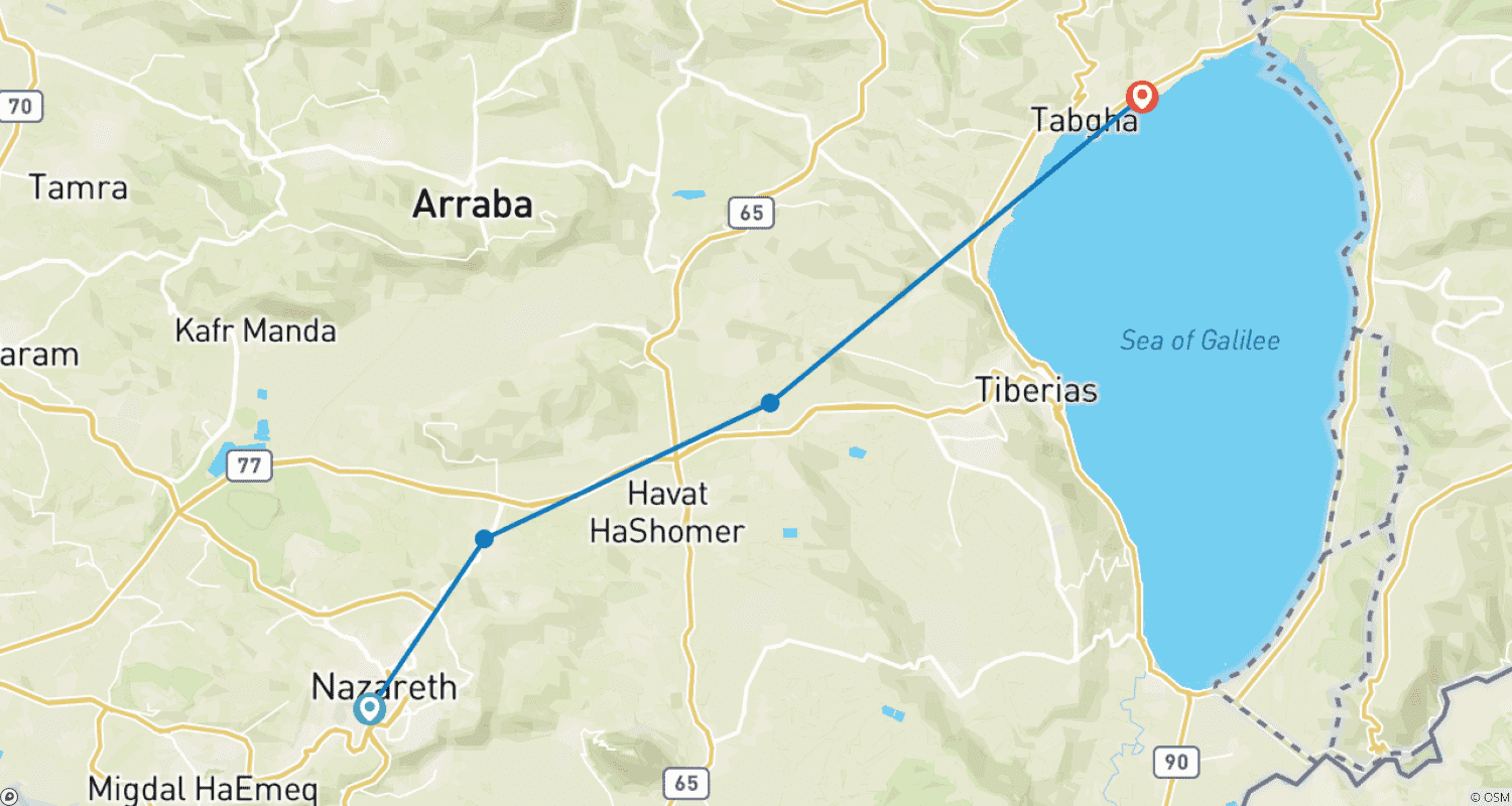 Mapa do percurso de Trilha de Jesus com Orçamento Limitado: Caminhada de 5 Dias de Nazaré ao Mar da Galileia