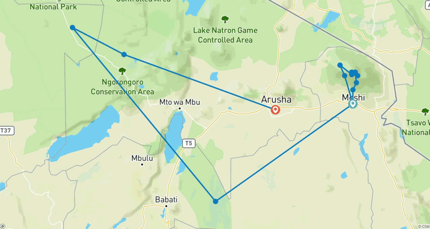 Mapa trasy: Najlepsza i wyjątkowa 11-dniowa wycieczka: Safari w Tanzanii i wędrówka na Kilimandżaro – plan podróży w przystępnej cenie.