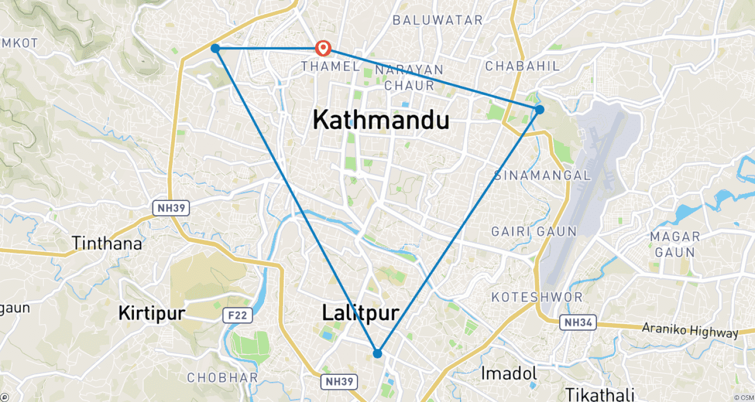Mapa do percurso de Passeio pela cidade de Kathmnadu (Excursão a 4 Patrimônios Mundiais da UNESCO)