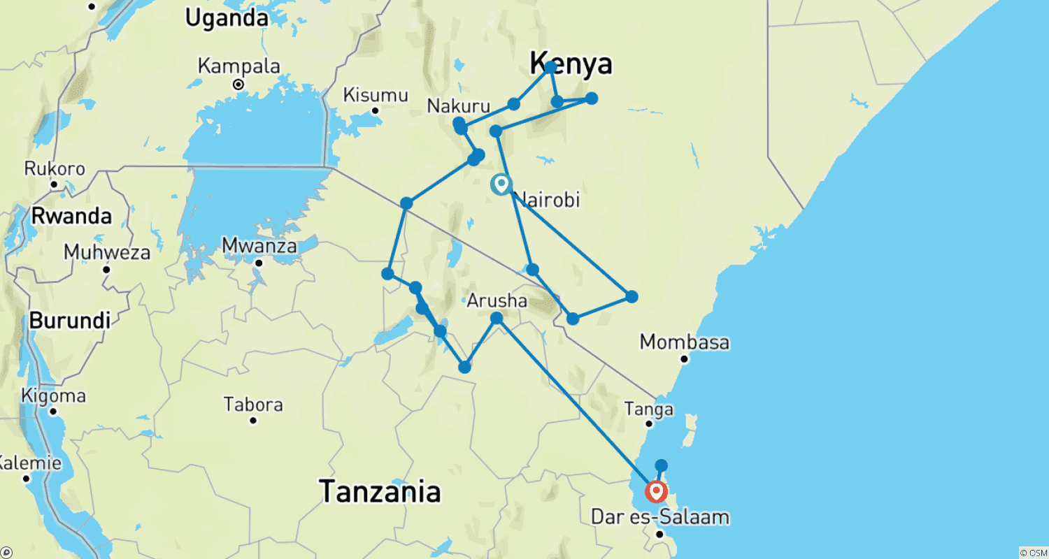 Mapa trasy: 30-dniowa wyprawa Insight do Kenii, Tanzanii i na Zanzibar