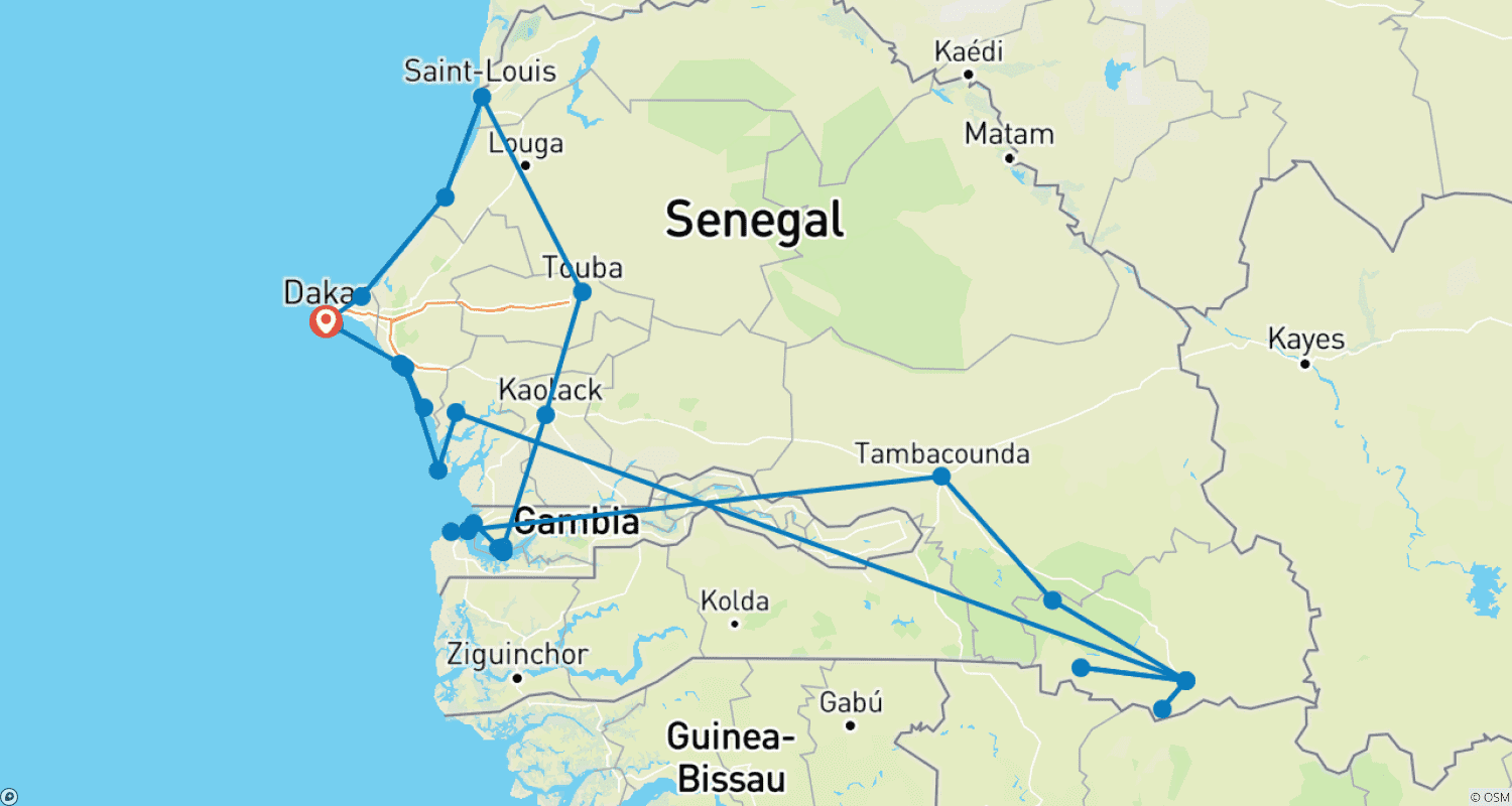Mapa do percurso de Senegal: Cultura, História e Natureza – 15 Dias/ 14 Noites.