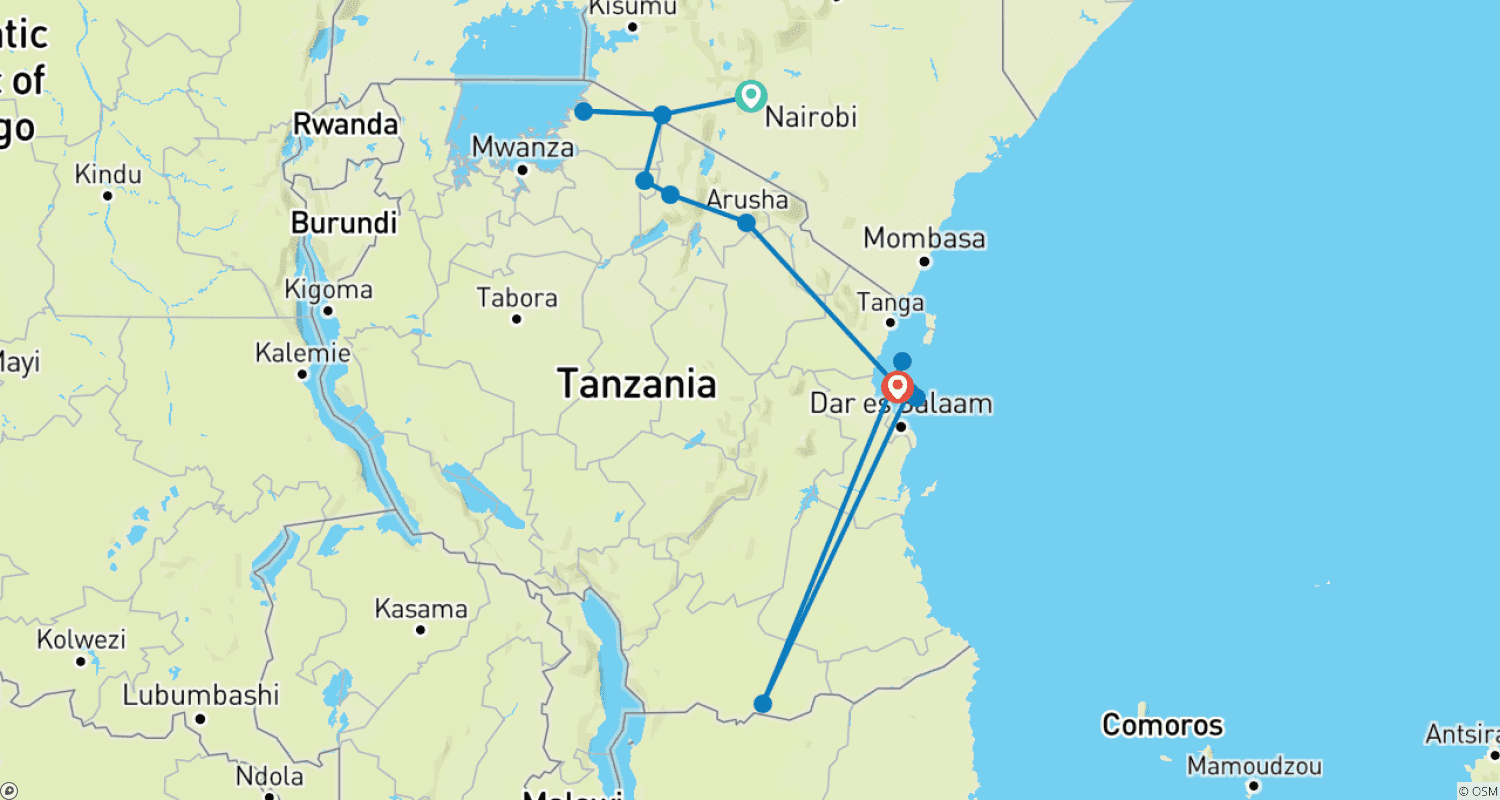 Mapa trasy: Serengeti, Masai Mara, Krater i Zanzibar 12 dni/13 nocy