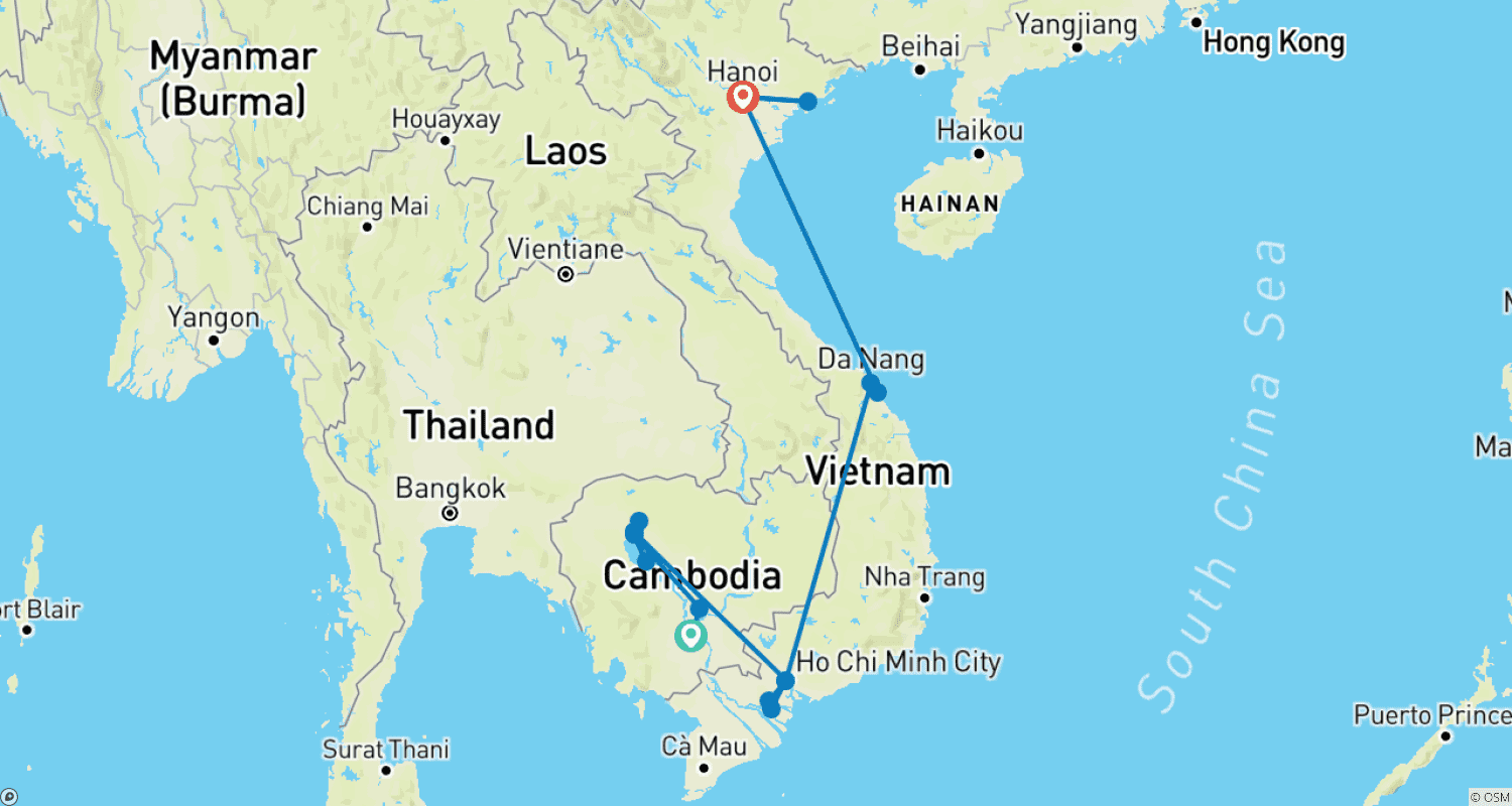 Mapa do percurso de Viagem de 12 Dias e 11 Noites Camboja-Vietnã