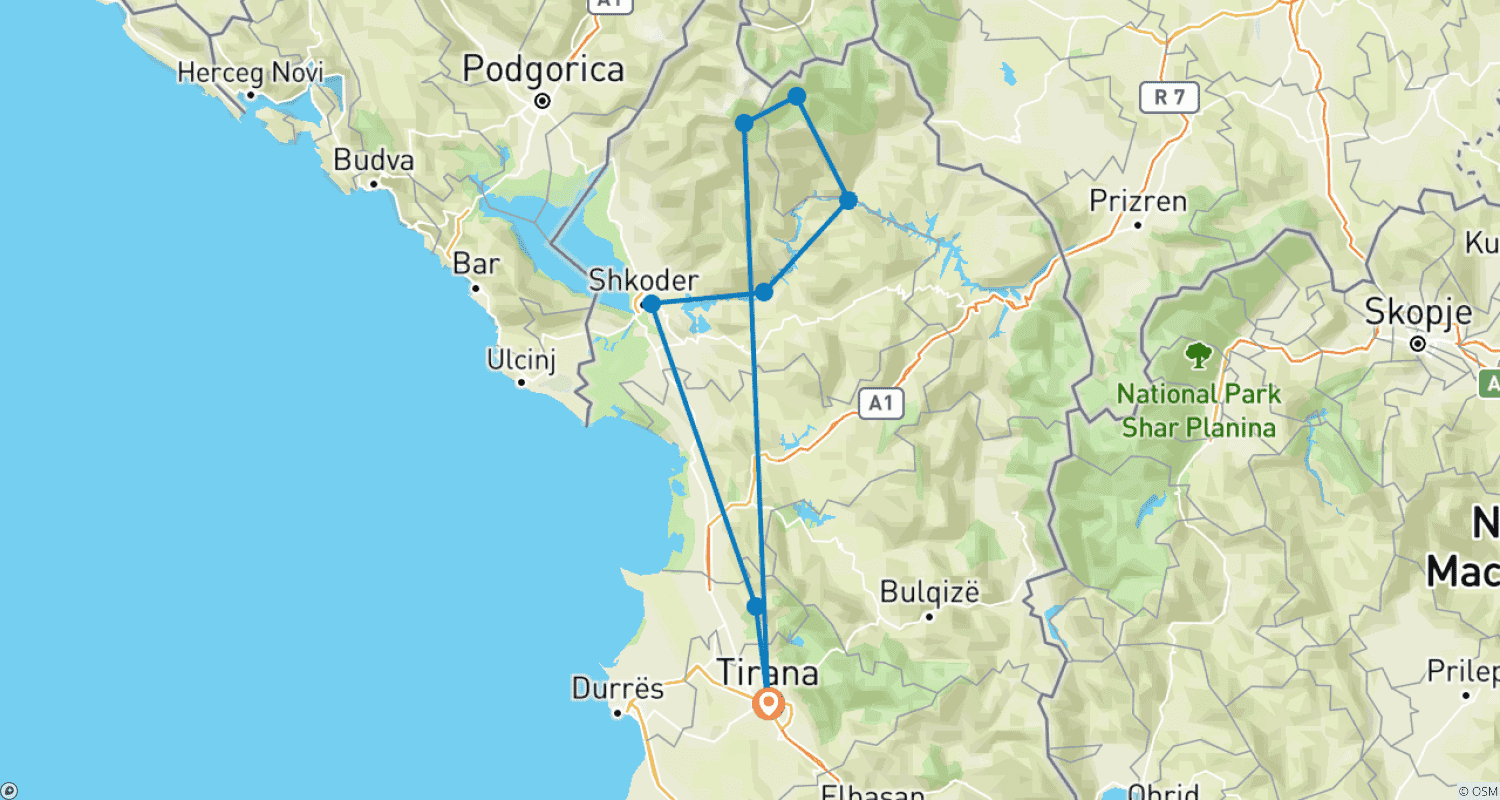 Mapa do percurso de Aventura nos Alpes Albaneses|Excursão de Caminhada de 4 Dias por Theth, Valbona e Shkoder