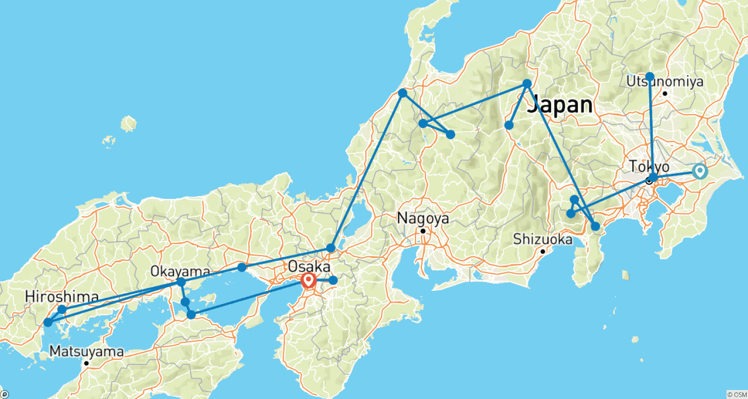 14日間 日本パノラマ（プライベート／3つ星ホテル）のルートマップ