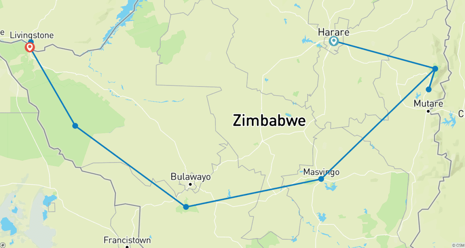 Mapa trasy: 12 Days Zimbabwe Getaway