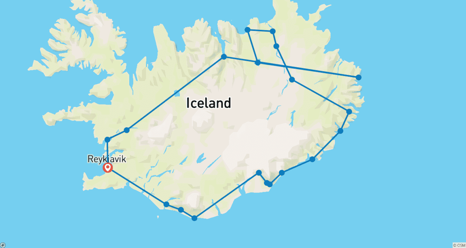 Mapa do percurso de Icelandic Explorer - 9 days/8 nights (21 destinations)