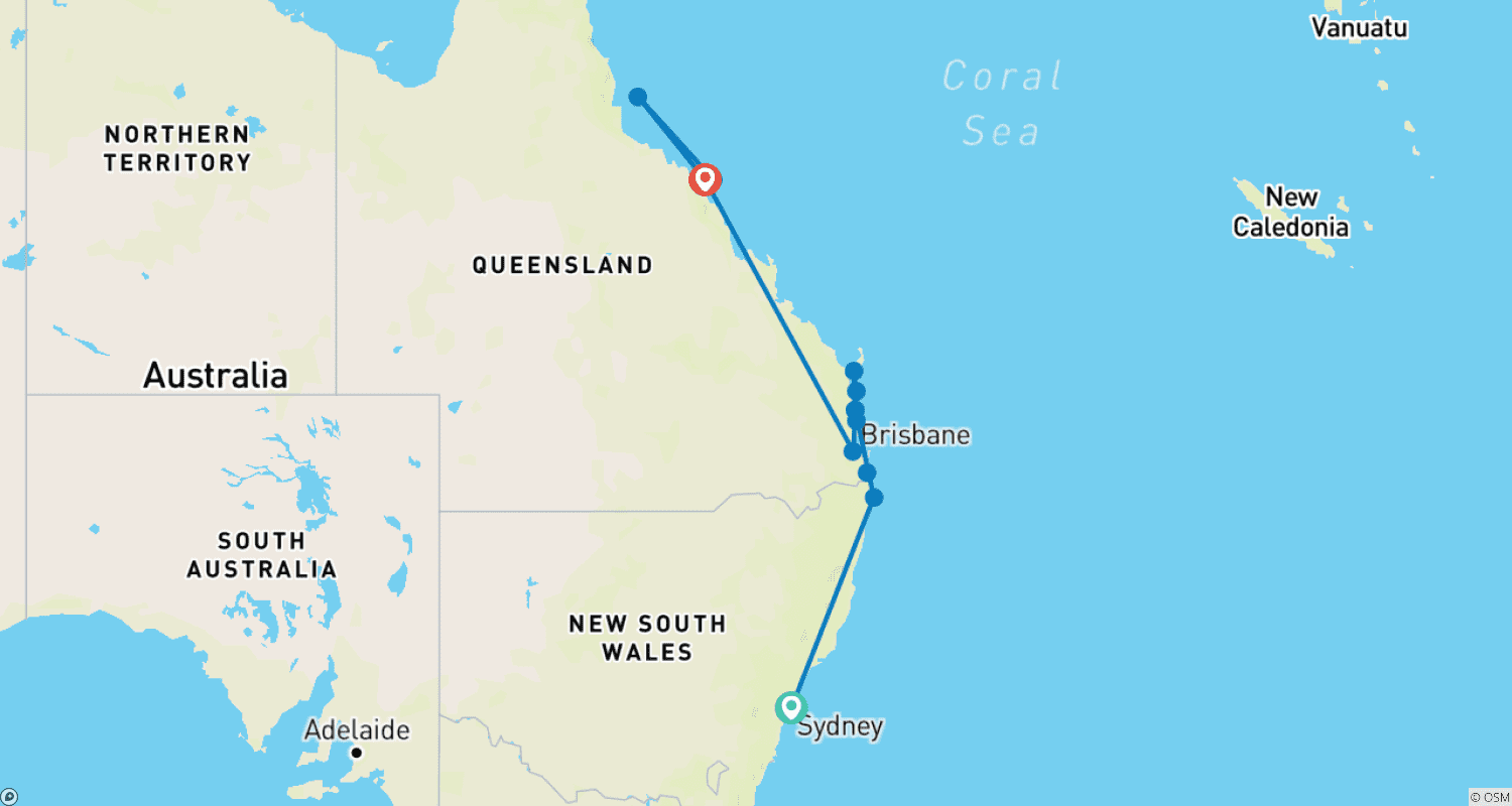 Mapa do percurso de Costa Leste Épica (14 destinos)