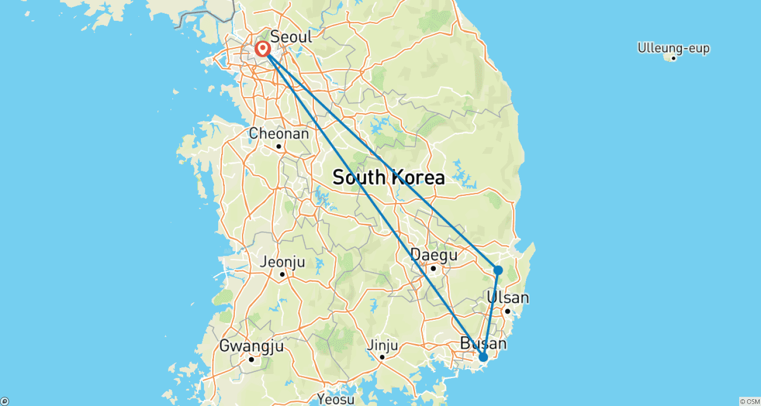 Mapa do percurso de Tour Personalizado de 6 Dias pela Melhor Coreia com Hotel 4 Estrelas, Partida Diária (Privado)