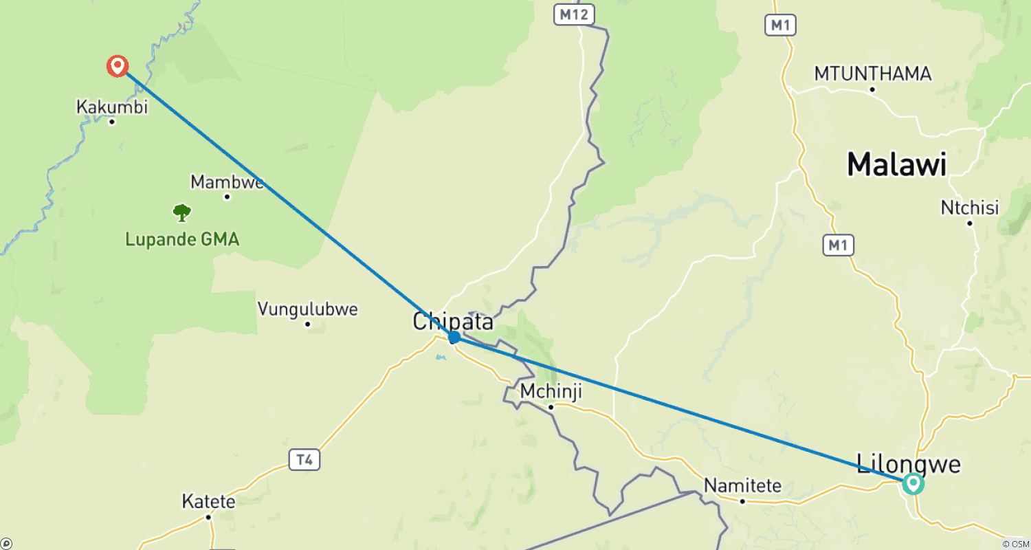 Mapa do percurso de Itinerário de Transfer Rodoviário de 1 Dia de Lilongwe (Malawi) para Mfuwe – Parque Nacional South Luangwa, Zâmbia
