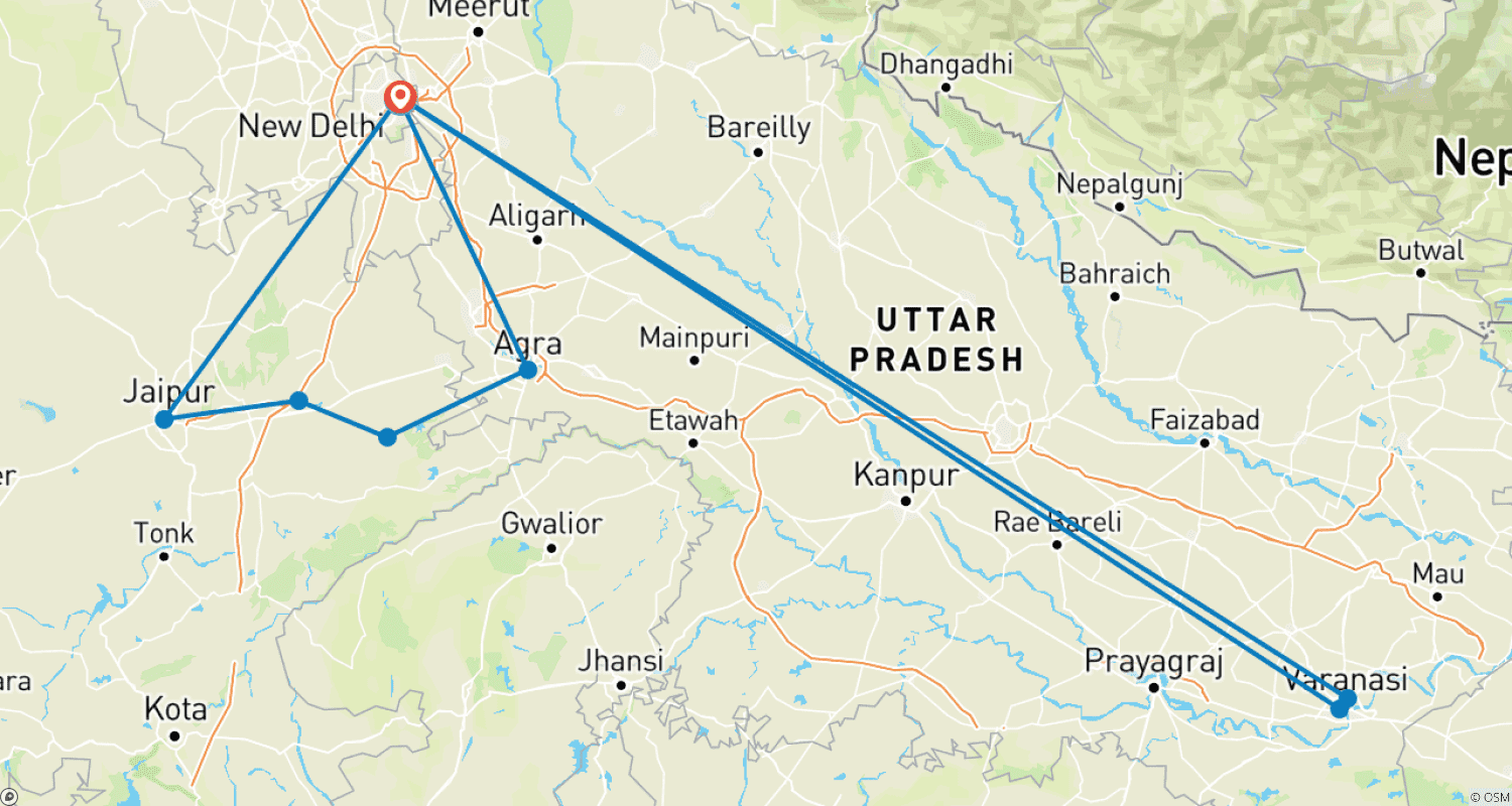 Mapa do percurso de Do Taj a Varanasi