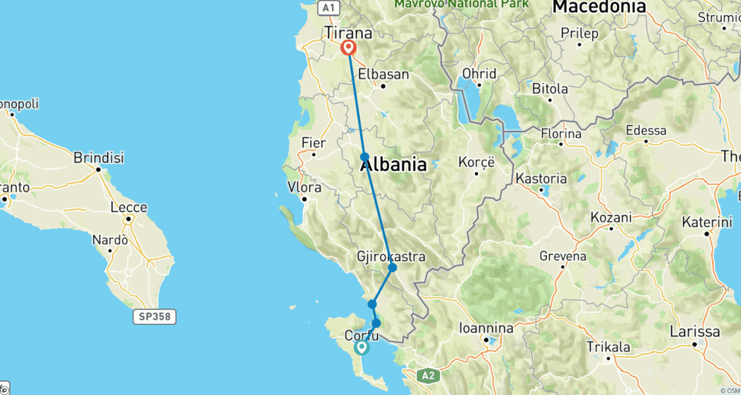 Mapa do percurso de De Corfú a Tirana - 3 Sítios UNESCO; Tour Semi-Privado com Líder de Tour Dedicado e Carro