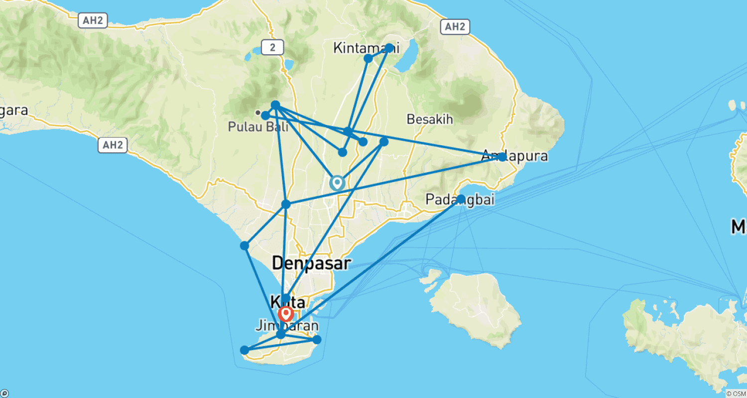 Mapa do percurso de Aventura de 13 Dias: A Vida em Bali