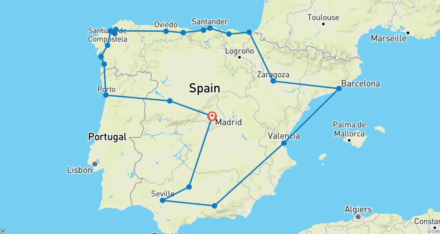 Mapa do percurso de Descoberta da Espanha e Norte de Portugal - 14 Dias