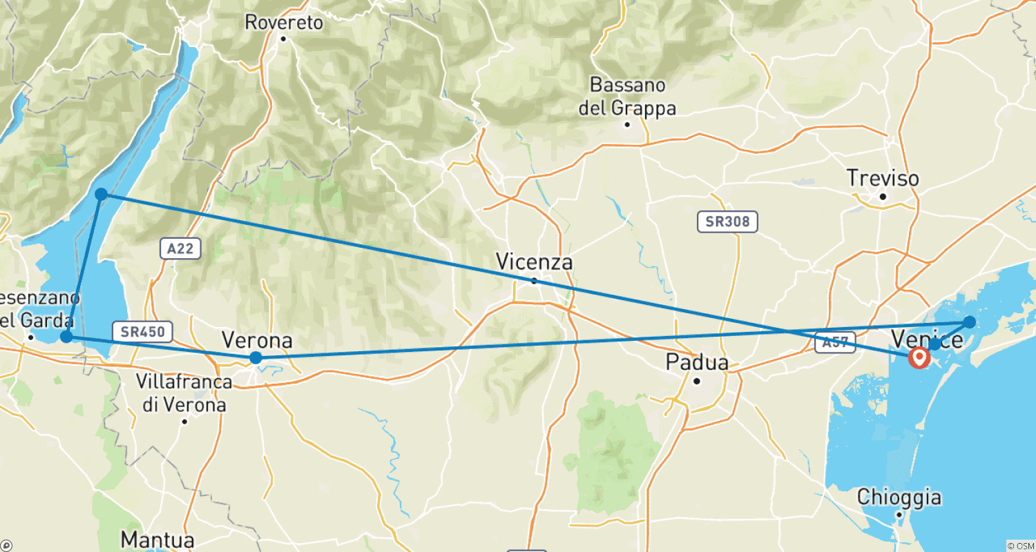 Mapa do percurso de Excursão de Tricô na Itália em pequeno grupo exclusivo para mulheres: Veneza, Verona e Lago de Garda