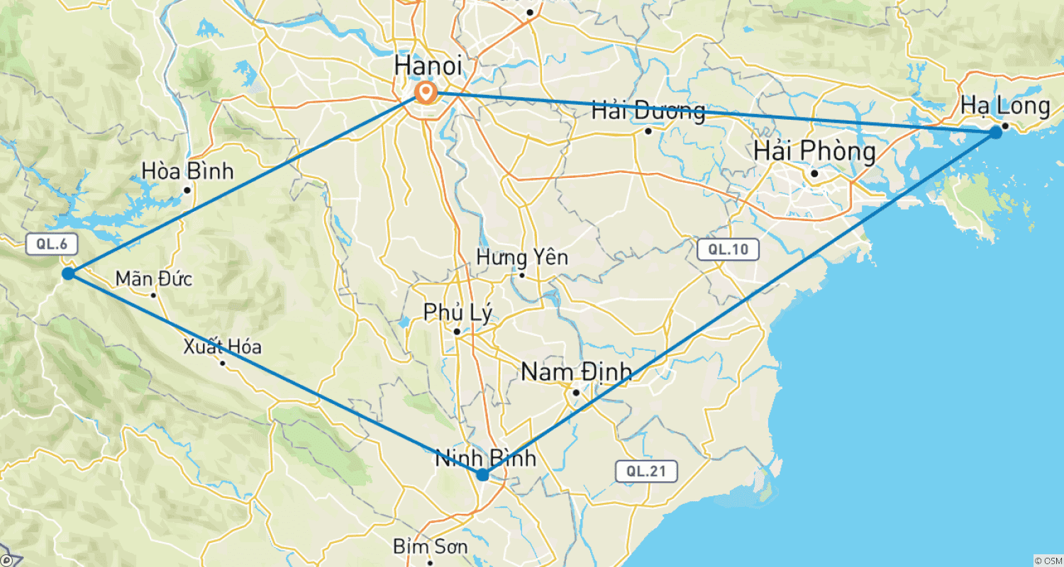Mapa do percurso de Tesouros do Vietnã do Norte em 10 dias - Tour Privado