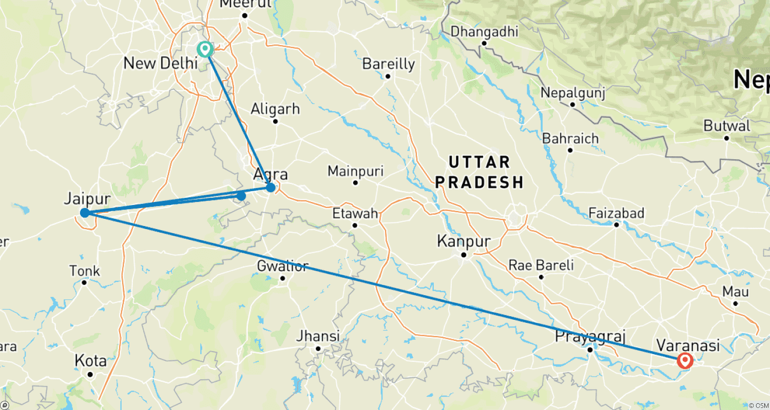 Mapa trasy: Z Delhi: 7-dniowa wycieczka Złotego Trójkąta z Varanasi!!