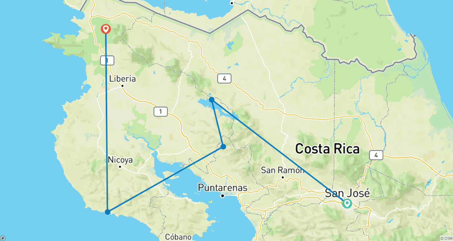 Mapa trasy: Tropikalna Kostaryka (San Jose do Guanacaste) (2026)