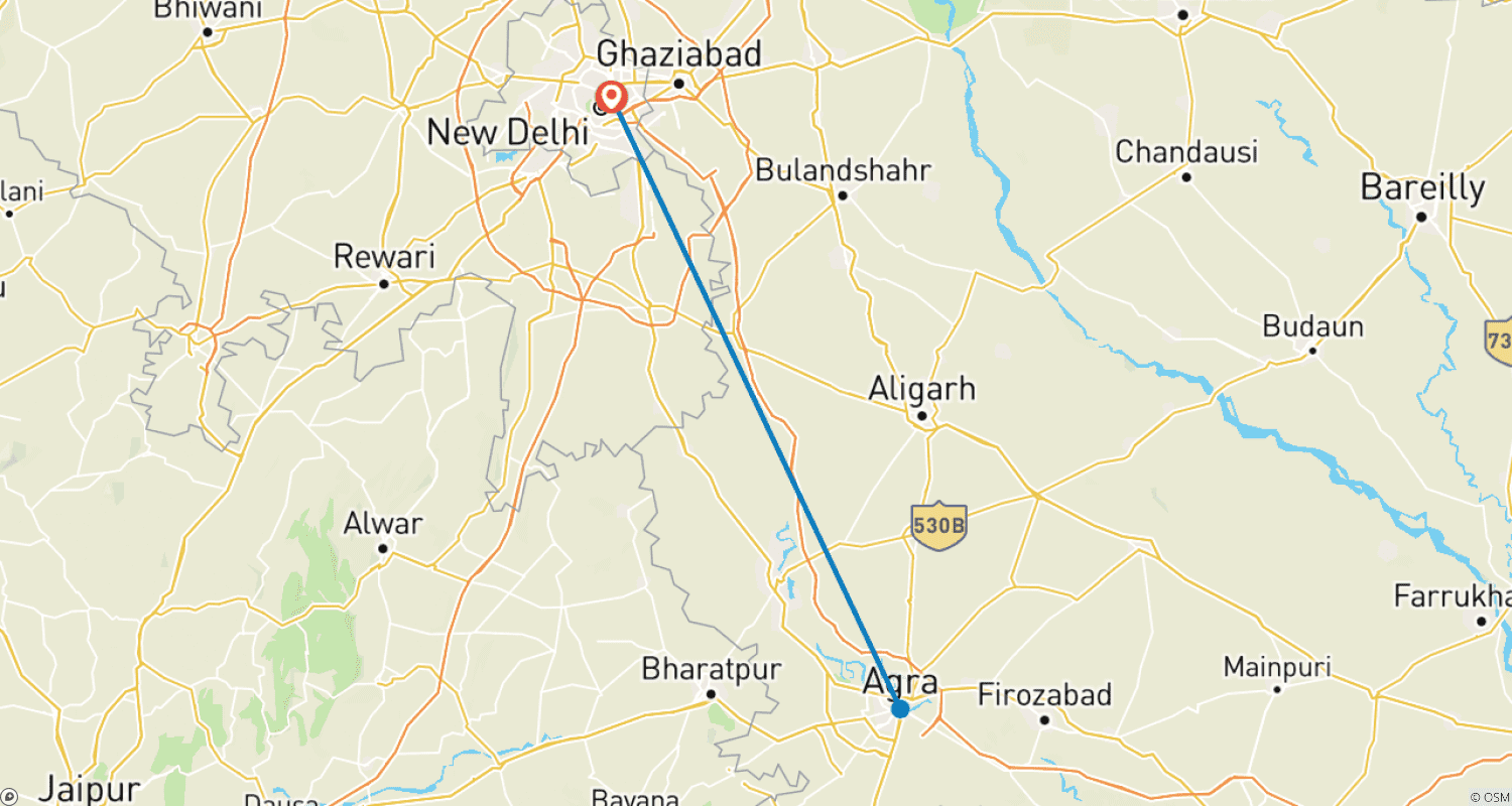 Mapa do percurso de Excursão de Um Dia ao Taj Mahal ao Nascer do Sol de Deli com Tudo Incluído