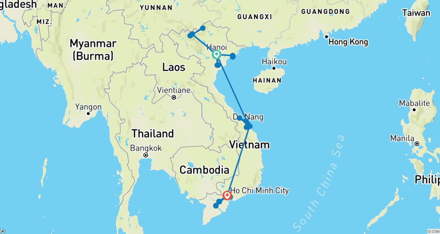 Mapa do percurso de Vietnam 19 Days 18 Nights Package