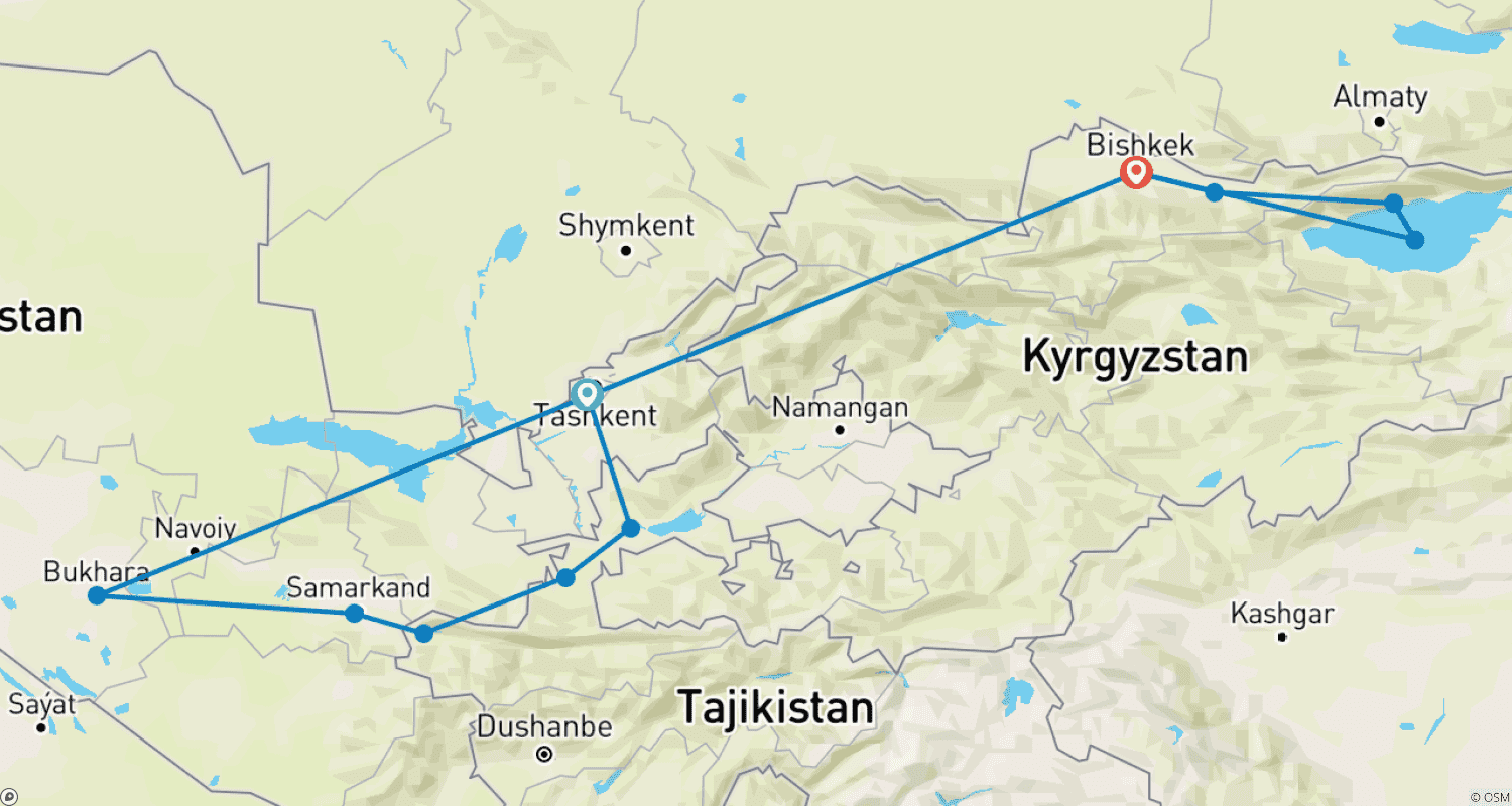 Mapa do percurso de Tour along 3-stans of Central Asia 12 Days: Uzbekistan, Tajikistan, and Kyrgyzstan