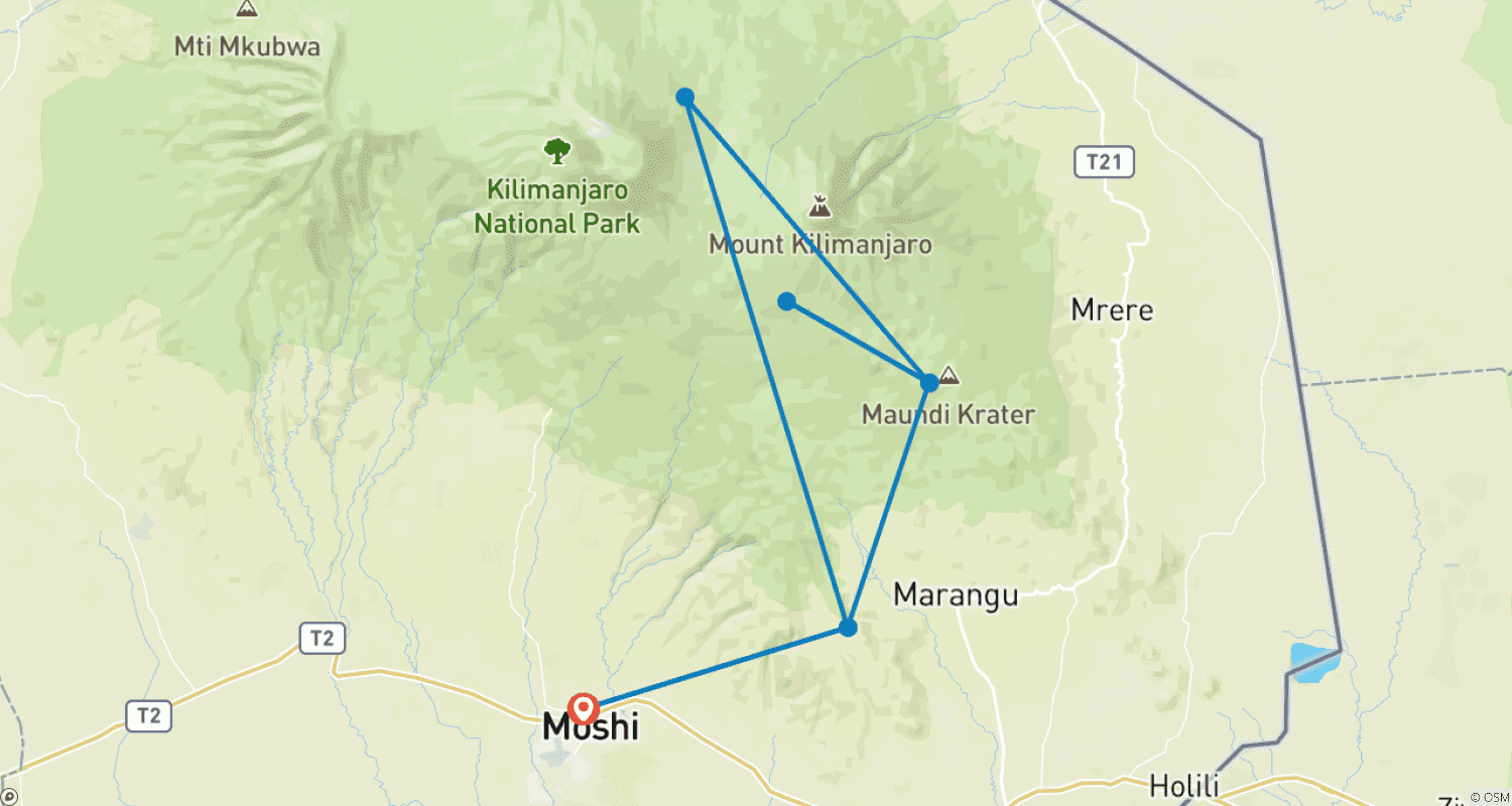 Mapa do percurso de Experimente a Melhor Caminhada de 2 Dias no Monte Kilimanjaro (Rota Marangu) – Suba a Trilha Mais Confortável do Kilimanjaro