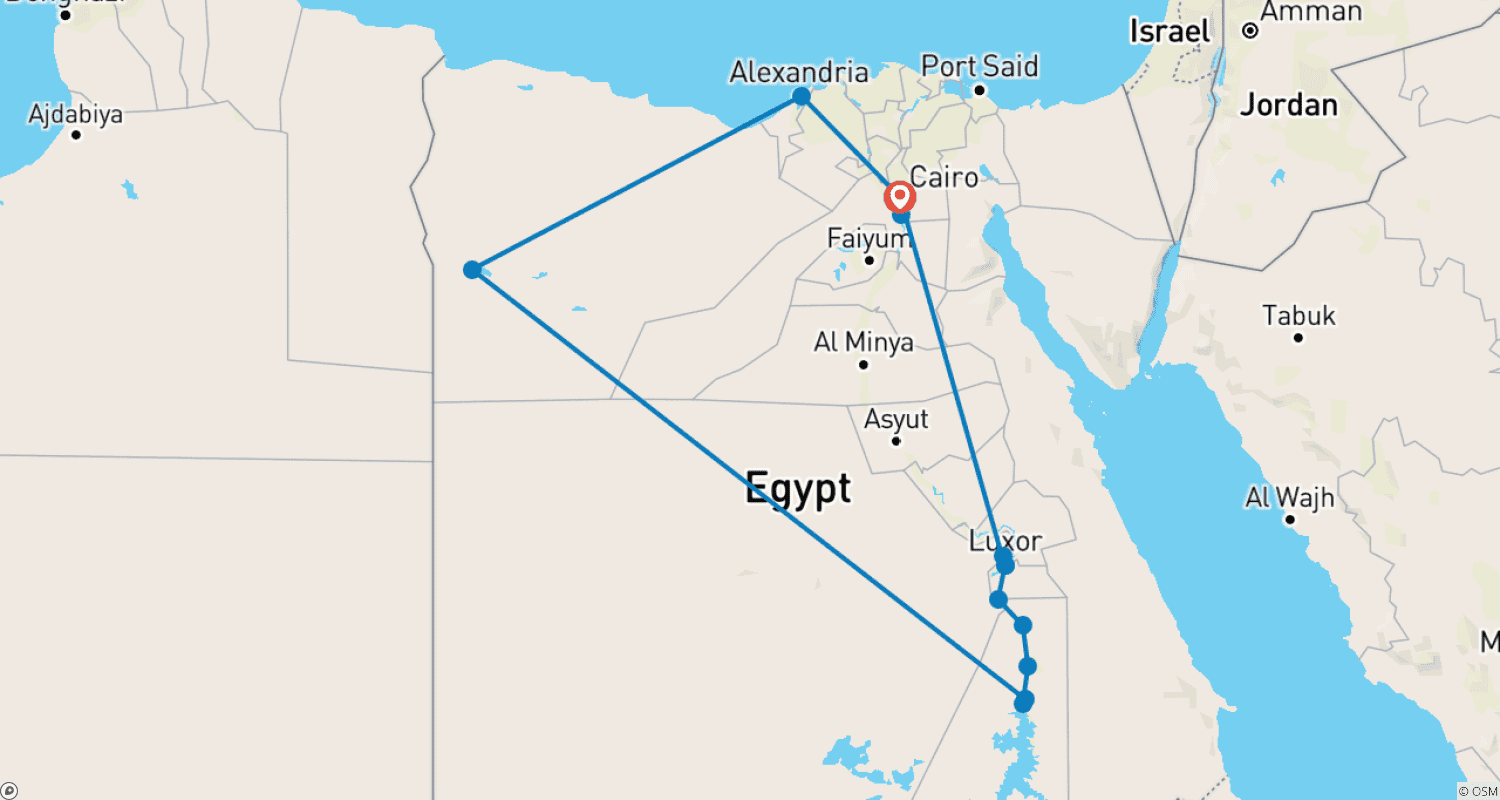 خريطة مسار بصمات الإسكندر الأكبر في مصر