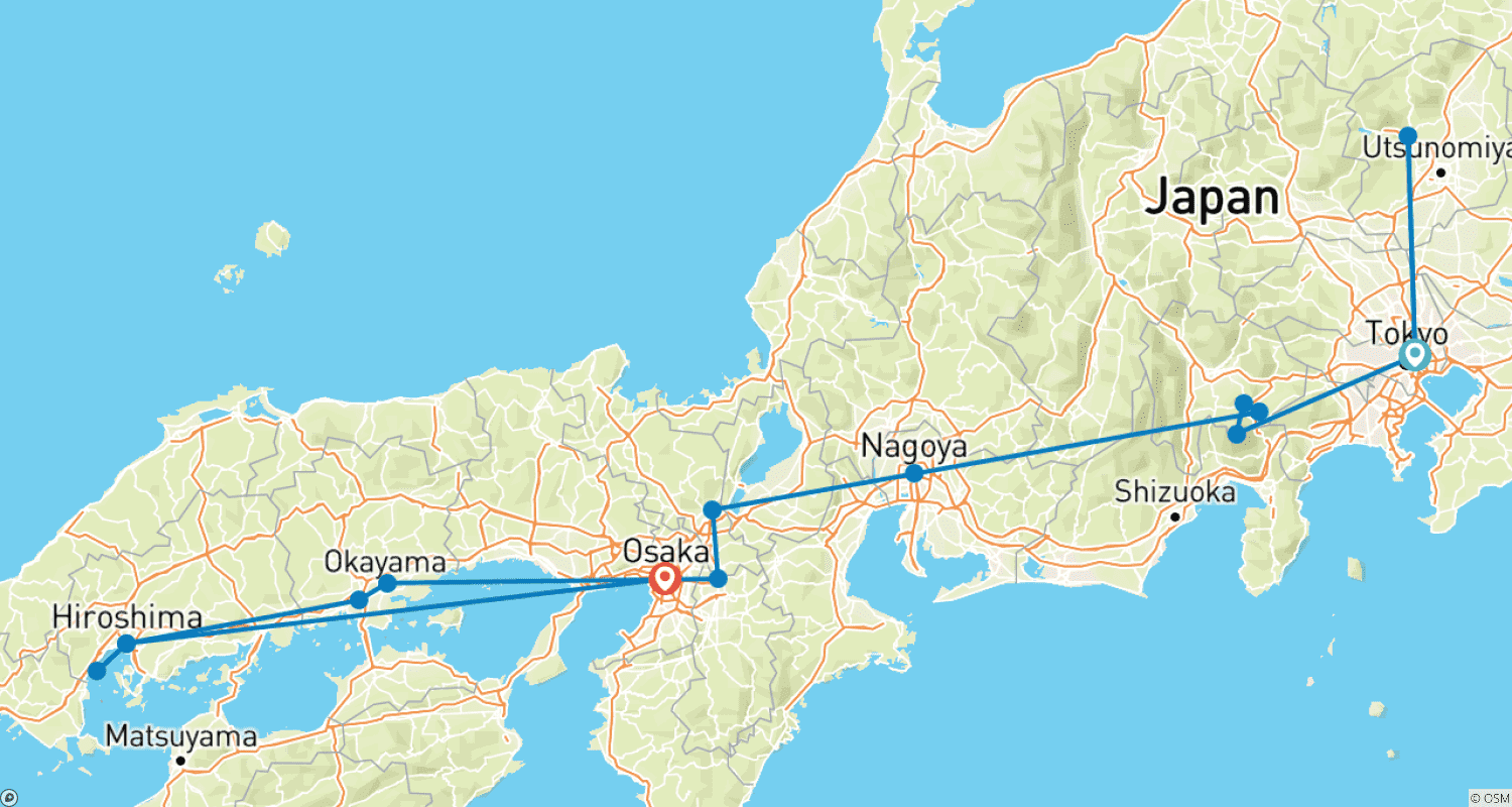 Mapa do percurso de 【Japão】Pacote de Viagem de Luxo Grandioso de 12 Dias pelo Japão