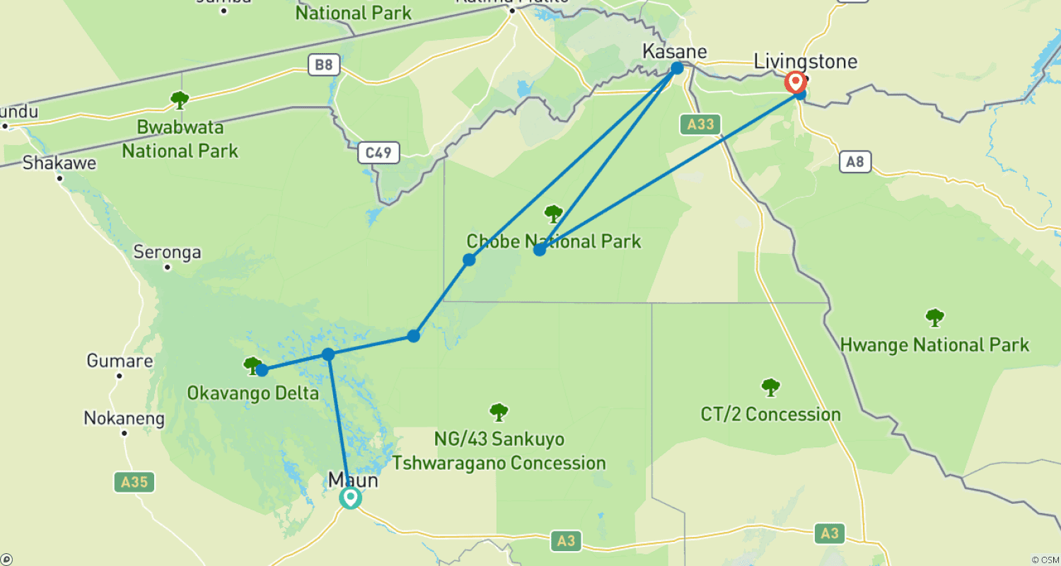 Mapa trasy: 8-Days Botswana Northern Highlights & Victoria Falls