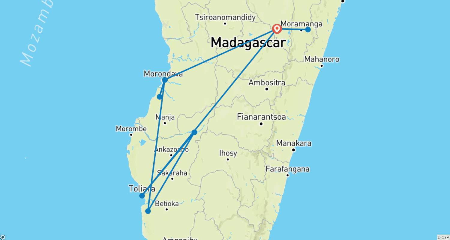 Mapa do percurso de Madagascar Mangoky River / Rainforest & The West 18Days/17Nights.