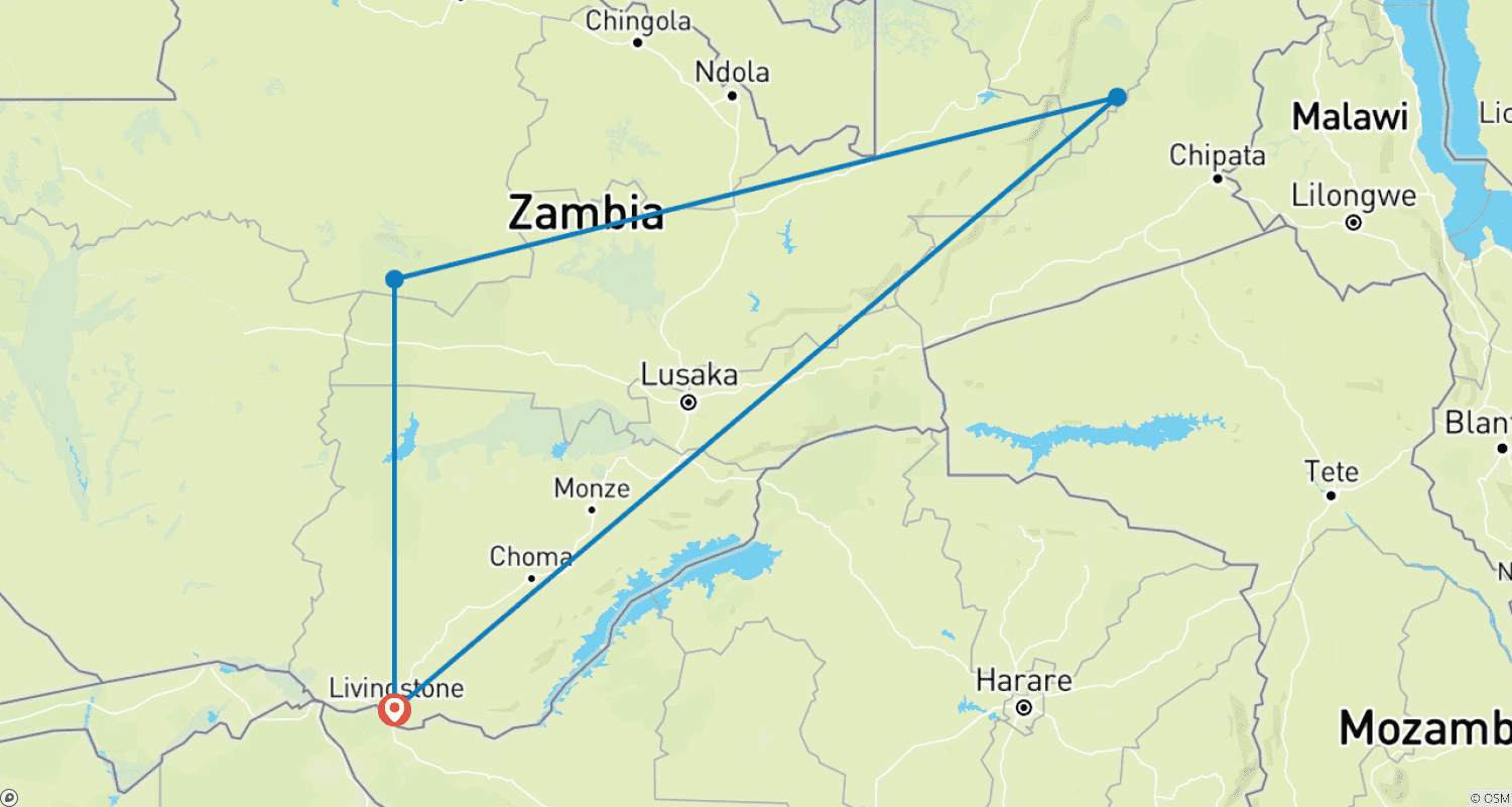 Mapa do percurso de Aventura de Safári de 7 Dias na Zâmbia - Livingstone e Parque Nacional Kafue