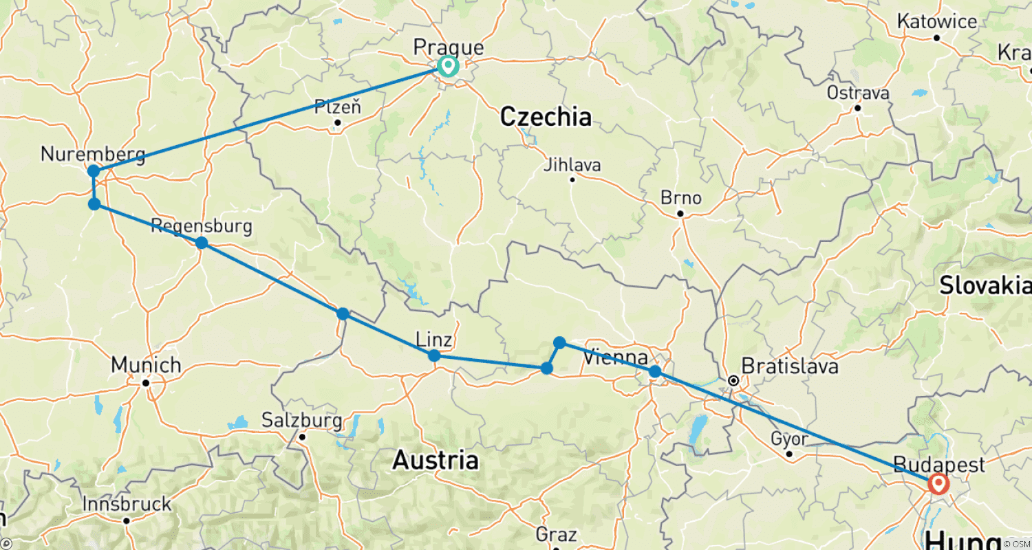 Mapa trasy: Legendarny Dunaj z 2 noclegami w Pradze 2023