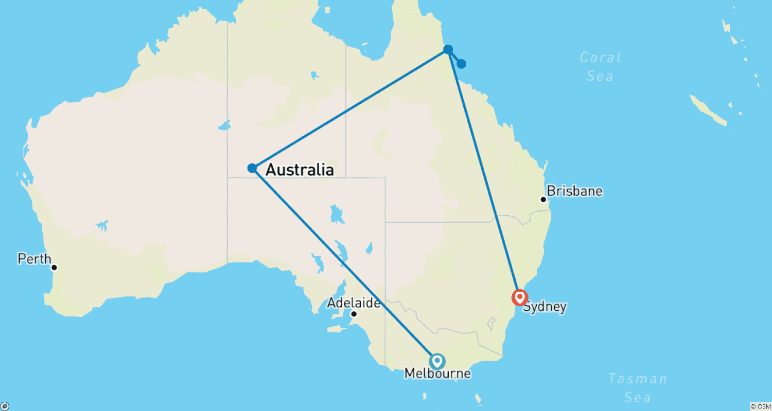 Mapa do percurso de Destaques da Austrália (Base, 2023/2024, 13 Dias)